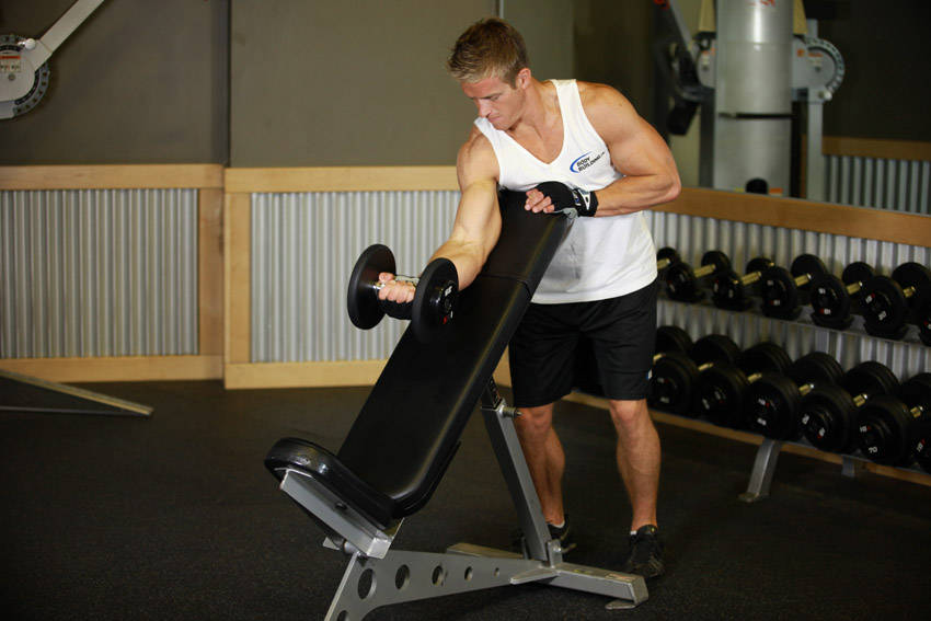 Standing One-Arm Dumbbell Curl Over Incline Bench